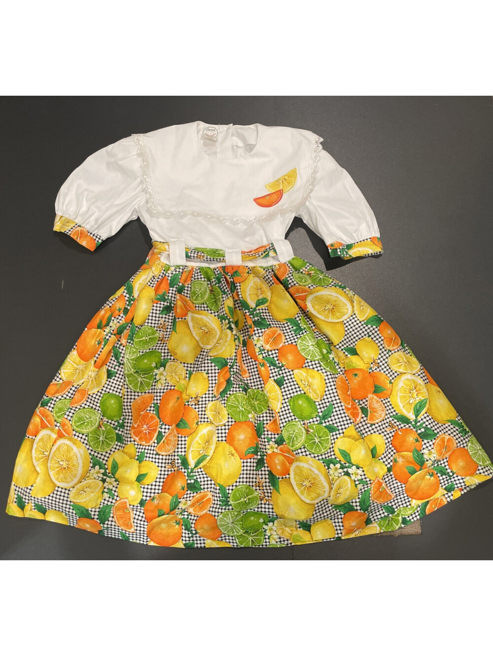 Vtg Caricia Mexico Girls 10 Cotton Dress Citrus Lemon Orange Gingham Costume
